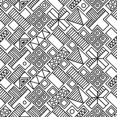 Wall Mural - Seamless vector pattern. Black and white geometrical background with hand drawn decorative tribal elements. Print with ethnic, folk, traditional motifs. Graphic vector illustration.