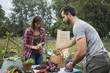 © Maskot - Mid adult couple arranging garden vegetables on table