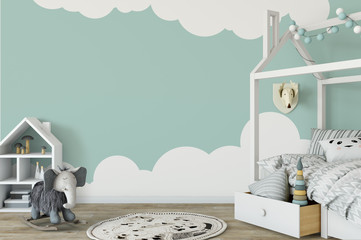 Wall Mural - mock up wall in child room interior. Interior scandinavian style. 3d rendering, 3d illustration