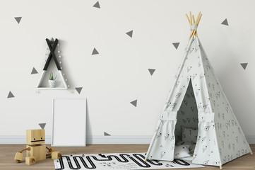 Wall Mural - mock up wall in child room interior. Interior scandinavian style. 3d rendering, 3d illustration