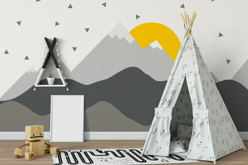 mock up wall in child room interior. Interior scandinavian style. 3d rendering, 3d illustration