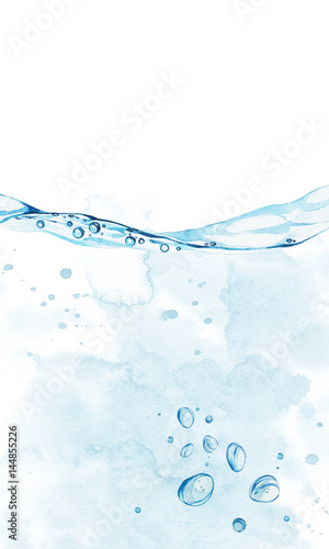 Water background with bubbles and water line. Watercolor hand drawn painted illustration. © asetrova