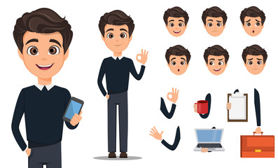 business man cartoon character creation set. young handsome smiling businessman in smart casual. bui