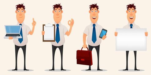 Businessman, office worker. Cartoon character. Set of four variations of creative young man. Business man in different situations. Flat style. Vector illustration.