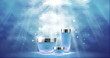 Aqua moisturizing premium cream promo cosmetic ads. Blue water light background. Sea ocean bubble promoting poster vector vip luxury skincare template