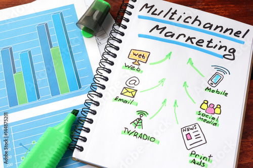 Fotografía Multi channel marketing written in a notebook and marker.