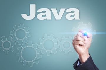 businessman drawing on virtual screen. java concept