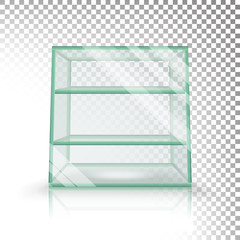 Canvas Print - Empty Transparent Glass Box Cube Vector. 3D Realistic Glass Showcase With Shelves.