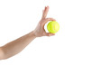 close-up of male hand holding tennis ball on white background