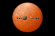 Eight planets and the sun 3d illustration. Solar system objects size comparison.