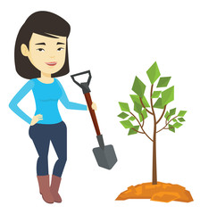 Sticker - Woman plants tree vector illustration.