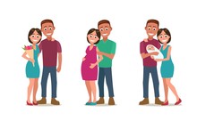 Stages Of Creating Family. Love, Pregnancy, Birth. Couple And Child.