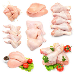 Wall Mural - Different parts of raw chicken on white background