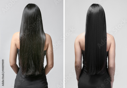 Fotografía Beautiful young woman with long straight hair on light background