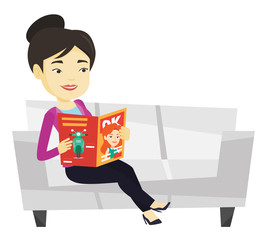 Sticker - Woman reading magazine on sofa vector illustration