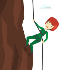 Poster - Woman climbing in mountains with rope.