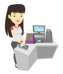 Sticker - Woman paying wireless with smart watch.