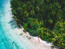 Canoe On Beach By Palm Trees, Moorea, Tahiti