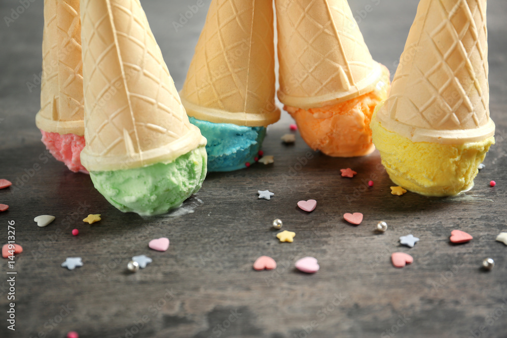 Ice-cream cones on gray table