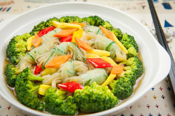 Wall Mural - Special vermicelli soup with broccoli and young corn