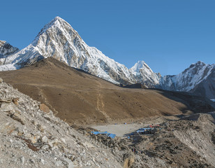 View of the Pumo Ri (7161 m) and Gorak Shep village - Everest region, Nepal, Himalayas