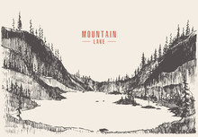 Vector Illustration Mountain Lake Pine Forest Draw
