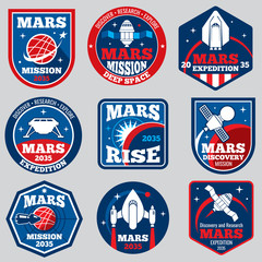 Poster - Mars mission vector space emblems. Astronaut travel badges