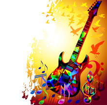 Colorful Music Background With Electric Guitar, Music Notes And Birds
