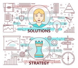Canvas Print - vector thin line flat design solutions and strategy concept banners