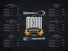 Restaurant Menu Design. Vector Menu Brochure Template For Cafe, Coffee House, Restaurant, Bar. Food And Drinks Logotype Symbol Design. With A Sketch Pictures