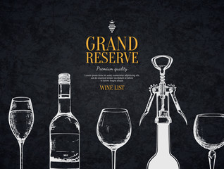 Wall Mural - Wine list design. Vector brochure template for winery, cafe, restaurant, bar. Wine bottles and glasses