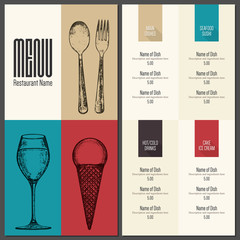 Restaurant menu design. Vector menu brochure template for cafe, coffee house, restaurant, bar. Food and drinks logotype symbol design. With a sketch pictures