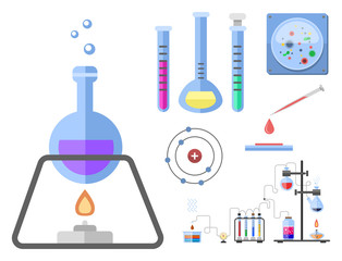 Lab symbols test medical laboratory scientific biology design molecule microscope concept and biotechnology science chemistry icons vector illustration.