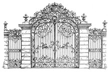 Baroque Iron Gate To The Palace Gardens In Karlsruhe, From XVII Century.