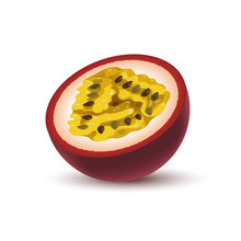 Isolated Realistic Colored Half Of Juicy Purple Passion Fruit With Shadow On White Background.