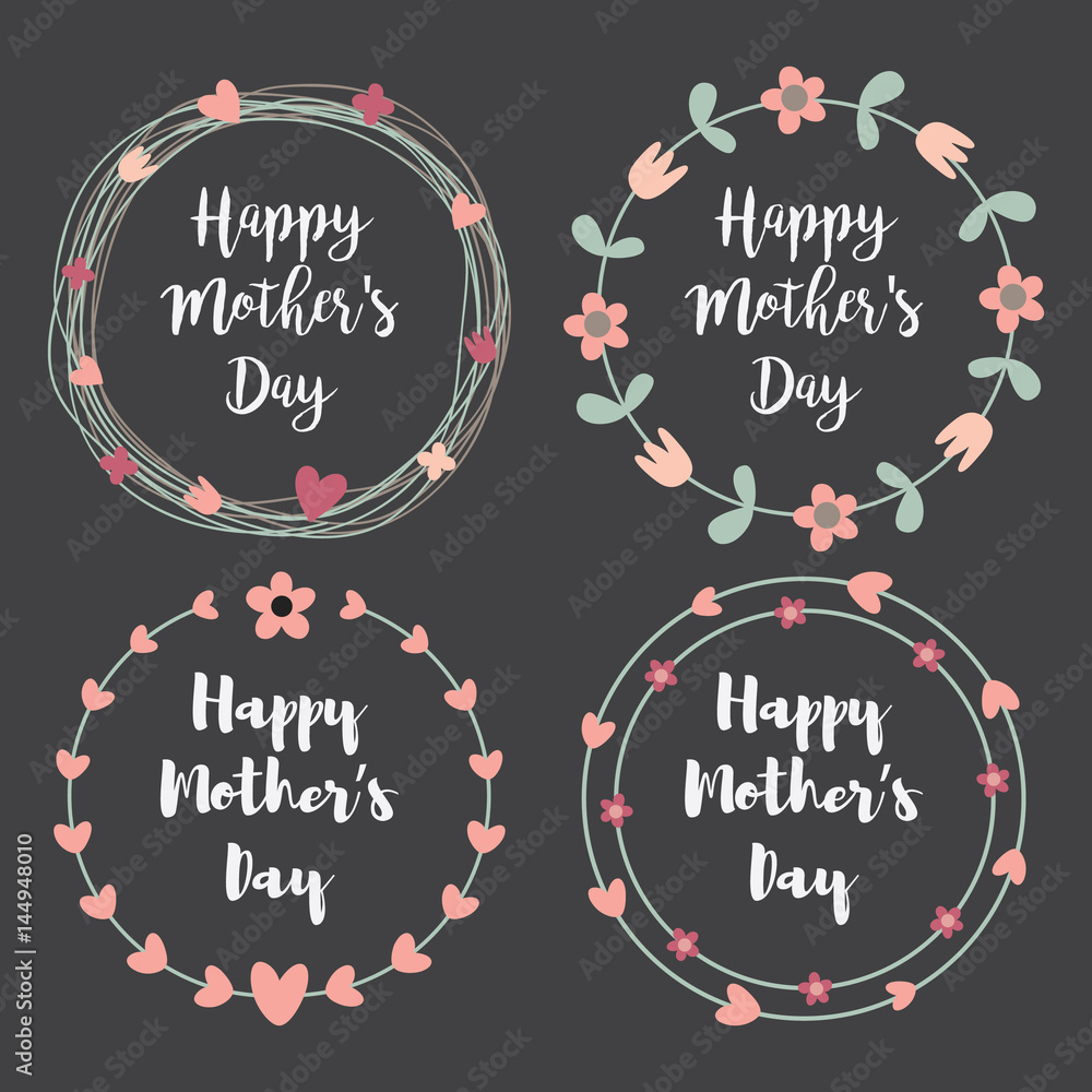 Happy Mothers Day with flowers greeting card set. Laurel, Floral wreath ...