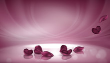 Vector 3D Illustration Pink Background With Burgundy Rose Petals And Bokeh