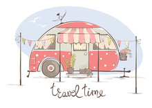 Summer Travel In A House On Wheels / Funny Pink Retro Trailer, Vector Illustration