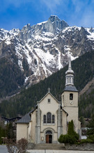 Church And The Mountain In Chamonix France