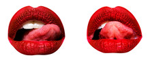 Beautiful Lips Collection With Sexy Tongue. Beautiful Make-up Closeup. Sensual Open Mouth Isolated On White. Classic Red Luxury Lipstick Set Or Collage. Female Open Mouth As Symbol Of Love And Passion