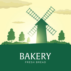 Rural landscape with windmill. Sunrise. Bakery. Fresh bread. Vector illustration.