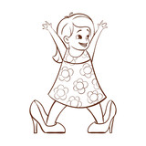Fototapeta Dinusie - Vector hand drawn monochrome illustration of happy girl trying to wear her mom's high heels.