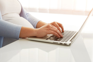 Wall Mural - Close up of pregnant woman working on laptop at home