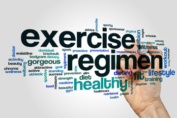 Sticker - Exercise regimen word cloud concept on grey background