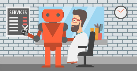 Canvas Print - Robot barber making haircut to a hipster man.