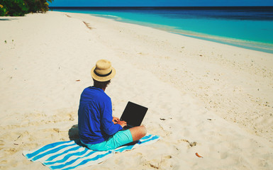 Wall Mural - man with laptop on tropical beach