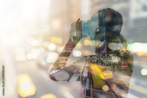 Fotografie, Obraz Double exposure of woman using the virtual reality headset