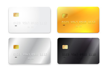 Set of credit card, white, gold, silver and black realistic mockup. Vector illustration. Isolated on white background.