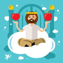 Vector Paradise Concept. God In Heaven. Flat Style Colorful Cartoon Illustration.