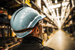 Modern Warehouse Worker in Safety Helmet and Goggles